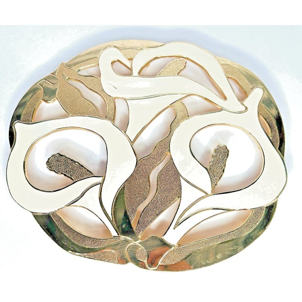 VTG Calla Lily Trivet Gold & Cream Wm A Rogers Metal Enamel 10x8.5” 4-foot Japan